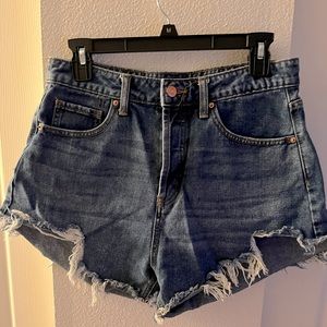 High Waisted Medium Wash Distressed Denim Shorts